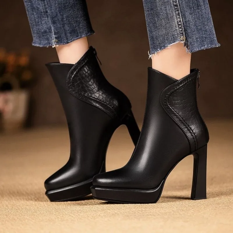 Women's Fashion Thick Heel Single Boots Fall New Square Head Leather Back Zipper Temperament High Heel Short Shoes