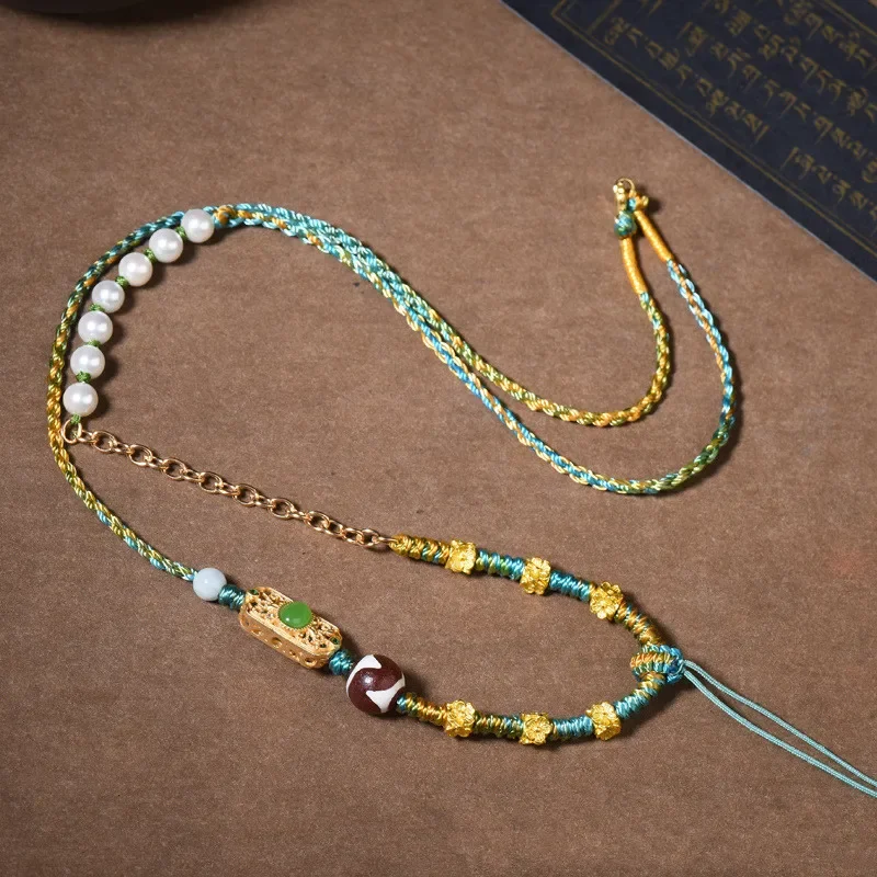 

Tibetan Ethnic Wind Hand Rubbing Cotton Rope Hand-woven Pearl Necklace Pendant Rope Thangka Wax Beads Lanyard Female Jewelry