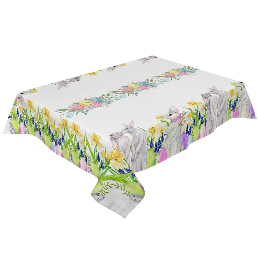 Easter Bunny Eggs Flowers Rectangle Waterproof Tablecloth Party Decor Spring Farmhouse Kitchen Tablecloth Easter Decorations