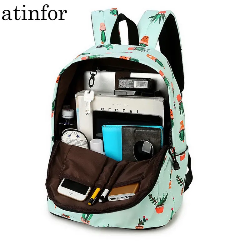 atinfor Brand Waterproof Nylon Lightweight Cactus Printing Backpack Women 16.5 inch Middle School Student Book Bag