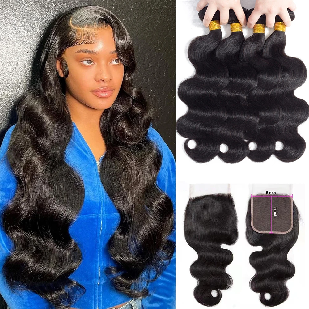 Body Wave Human Hair Bundles With Closure Brazilian Hair Weave 3/4 Bundles With HD Lace Closure 13x4 5x5 4x4 Remy Hair Extension