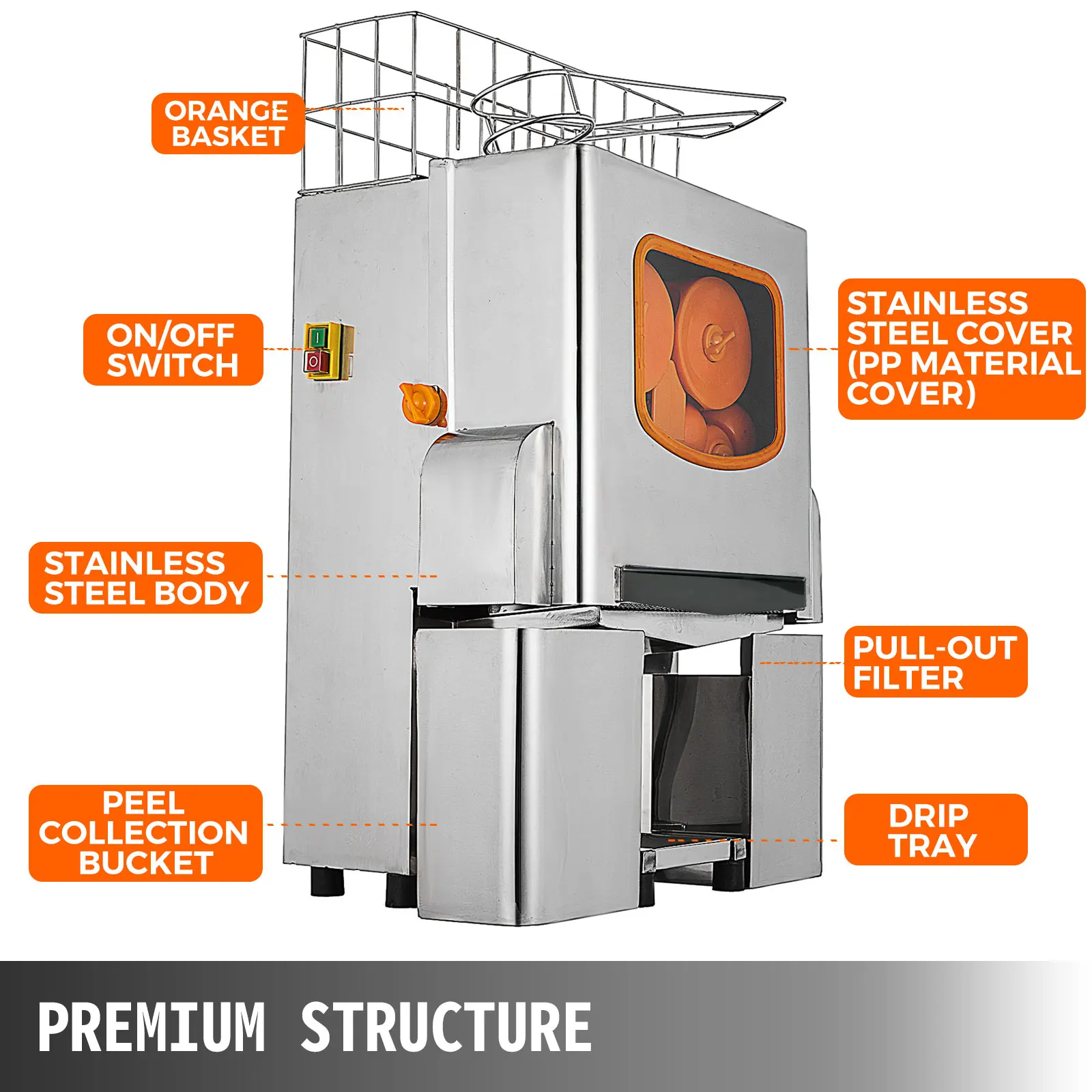 VEVOR-ماكينة عصارة تجارية ، عصارة برتقالية لمدة 22-30 في الدقيقة ، مستخرج عصير كهربائي ، مع صندوق تصفية قابل للسحب ، 120 واط