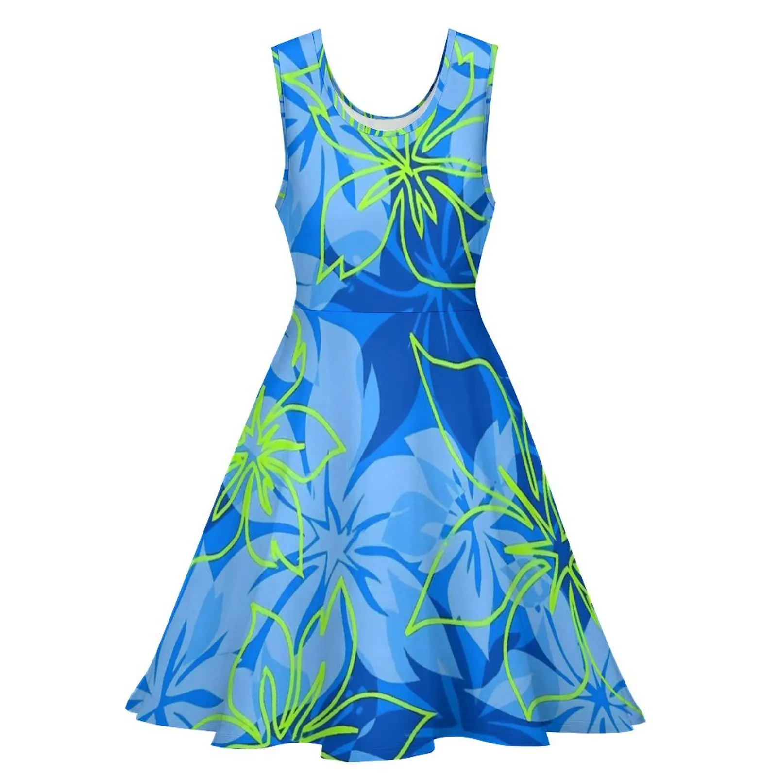 Blue Fower Print Dress Hibiscus Hawaiian Street Style Dresses Women Sexy Skate Dress Summer Design Vestido 3XL 4XL 5XL