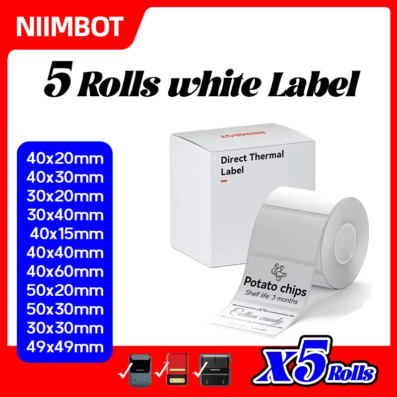 Niimbot B21 B1 B3S Printer Label Paper 5Roll White Sticker Print Papers Rolls Tear-proof Water Oil-proof Adhesive label sticker