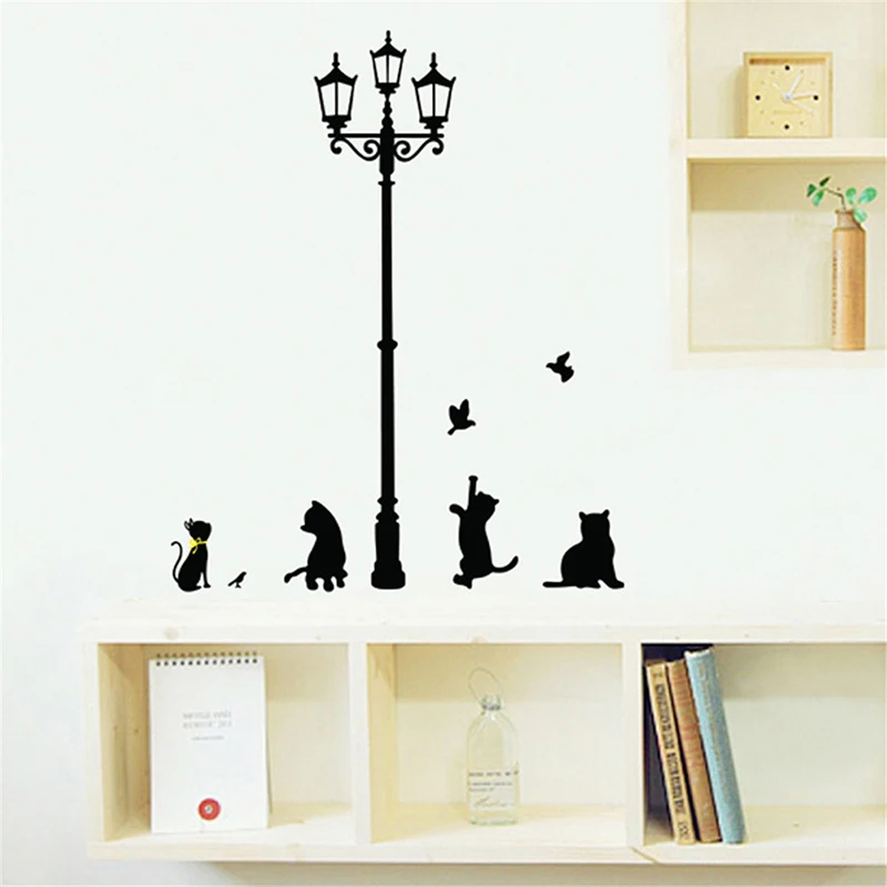 1pc DIY Popular Ancient Lamp Cats And Birds Wall Sticker Cartoon Home Decor Декор Для Комнаты Настенный Декор House Decoration