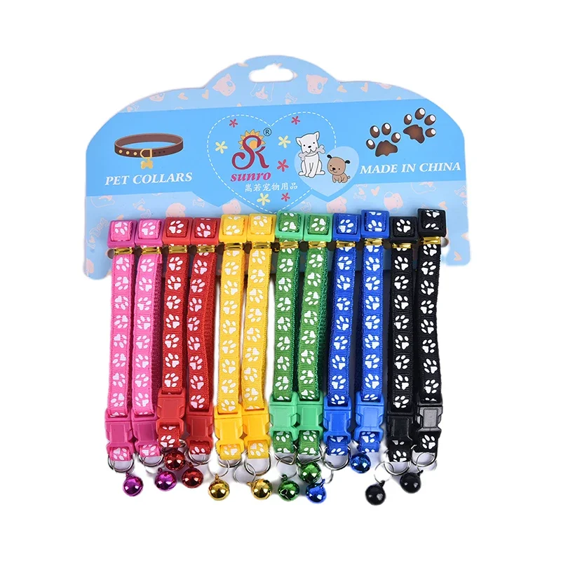 12Pcs/set Cute Cat Collar with Bell Adjustable Kitten Safety Collar Necklace Black Blue Red Orange Green 6 Colors for Chihuahua