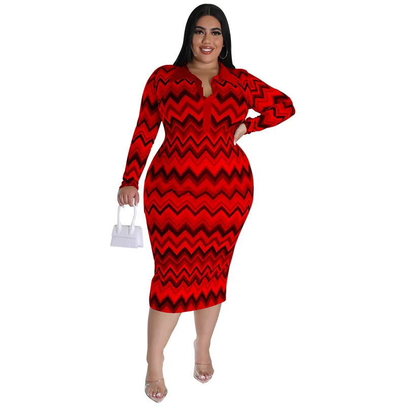 European and American large women\'s long sleeved collar printed open tube plus size women fashion dress