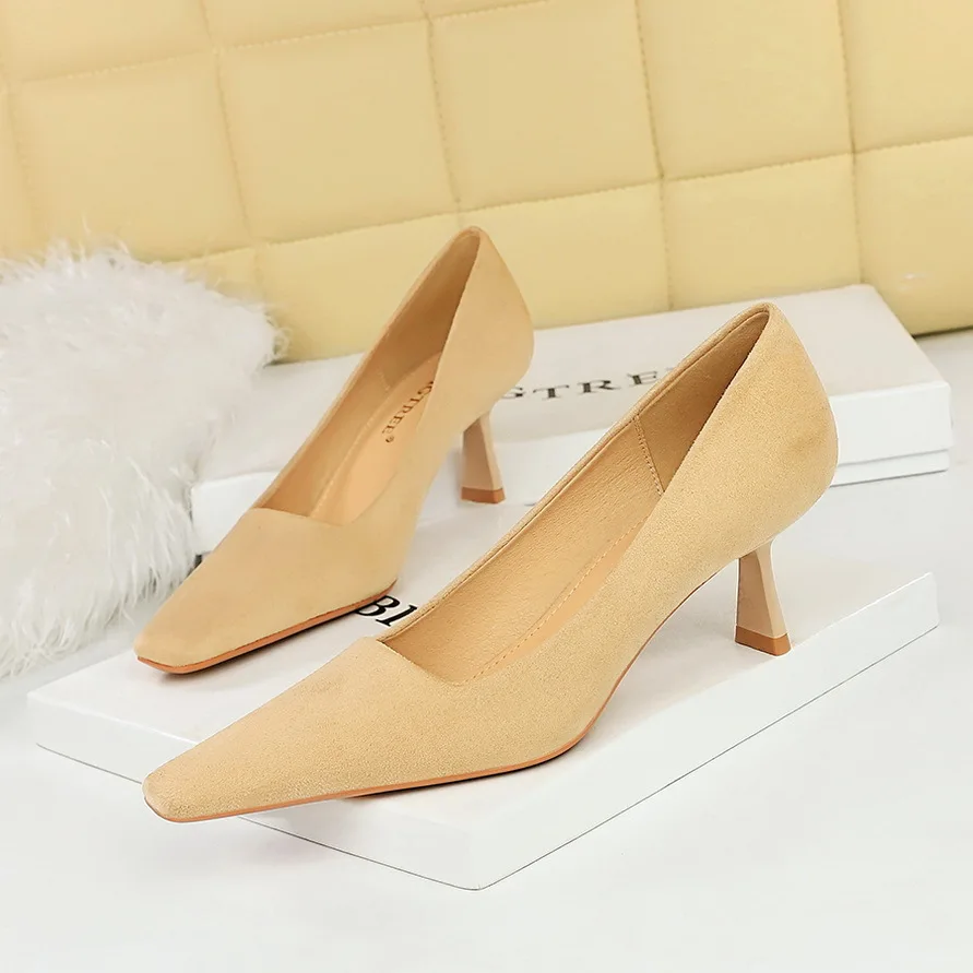 Korean Version Fashionable Minimalist High Heels Suede Surface Shallow Mouth Square Toe Slim Fit Versatile Women's Women Pumps