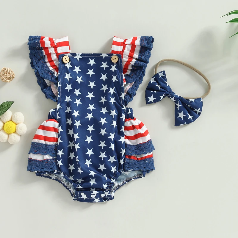 

Independence Day Baby Girl Outfit Patriotic Sleeveless Romper with Bow Headband American Flag Print Jumpsuit Set