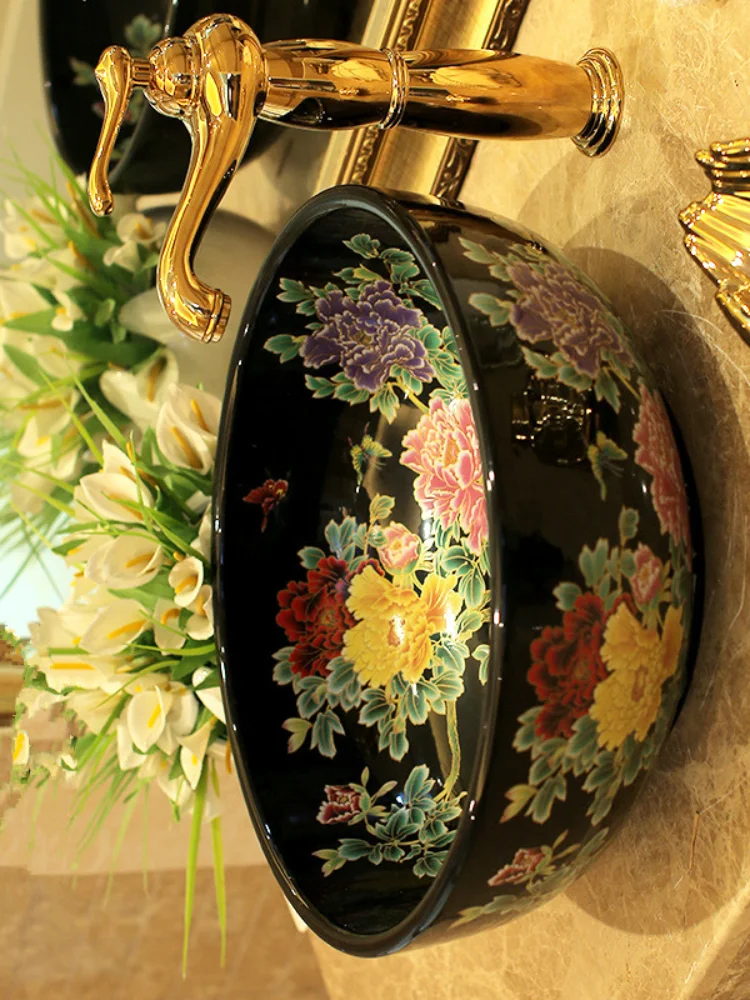 Artistico hecho a mano China lavabo de ceramica, tazon de fuente de Lavobo ronda encimera de lavabo de bano peonia pintura