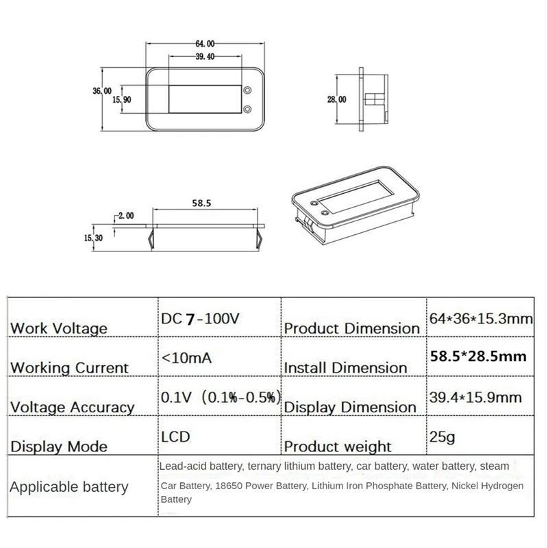 IPX7 Waterproof Battery Monitor 7-100V Battery Capacity Tester Meter With Buzzer Alarm Temperature