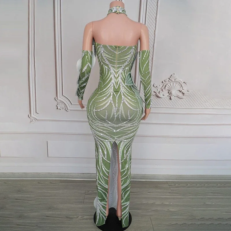 Nightclub Ds Dj Gogo Costume Green Leaf Rhinestones Evening Dress Women Catwalk Festival Outfit Stage Party Dresses
