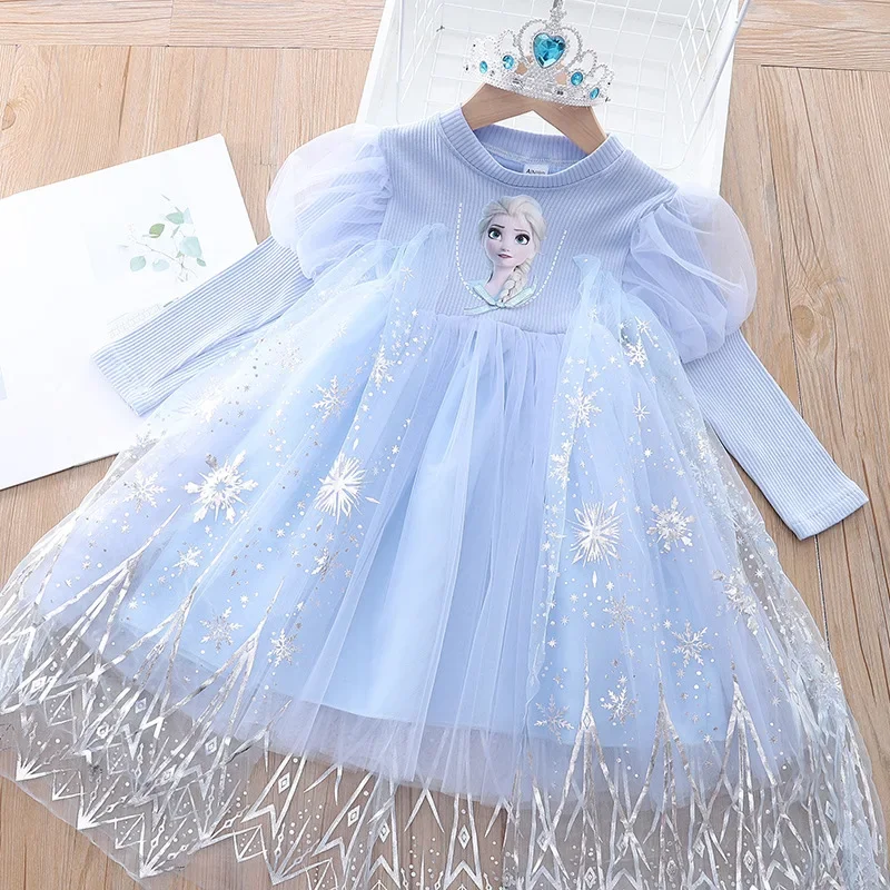 Girls Cartoon Dress 2023 Fall Fashion Frozen Elsa Princess Dresses Kids Long Sleeve Mesh Costume Crown+Magic Wand Girl Clothes