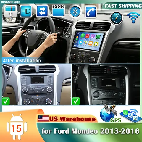 Android 15 Car Stereo Multimedia Video Player GPS Navigation 2DIN 9in 2+32G for Ford Fusion 2013‑2016 Car Intelligent System with Carplay Android Auto Split Screen Bluetooth AHD Camera and Microphone