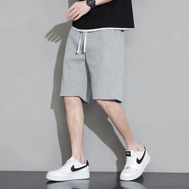 Summer Fashion Versatile Waffle Loose Casual Shorts Men Solid Elastic Waist Drawstring Pocket Breathable Thin Sport Short Pants