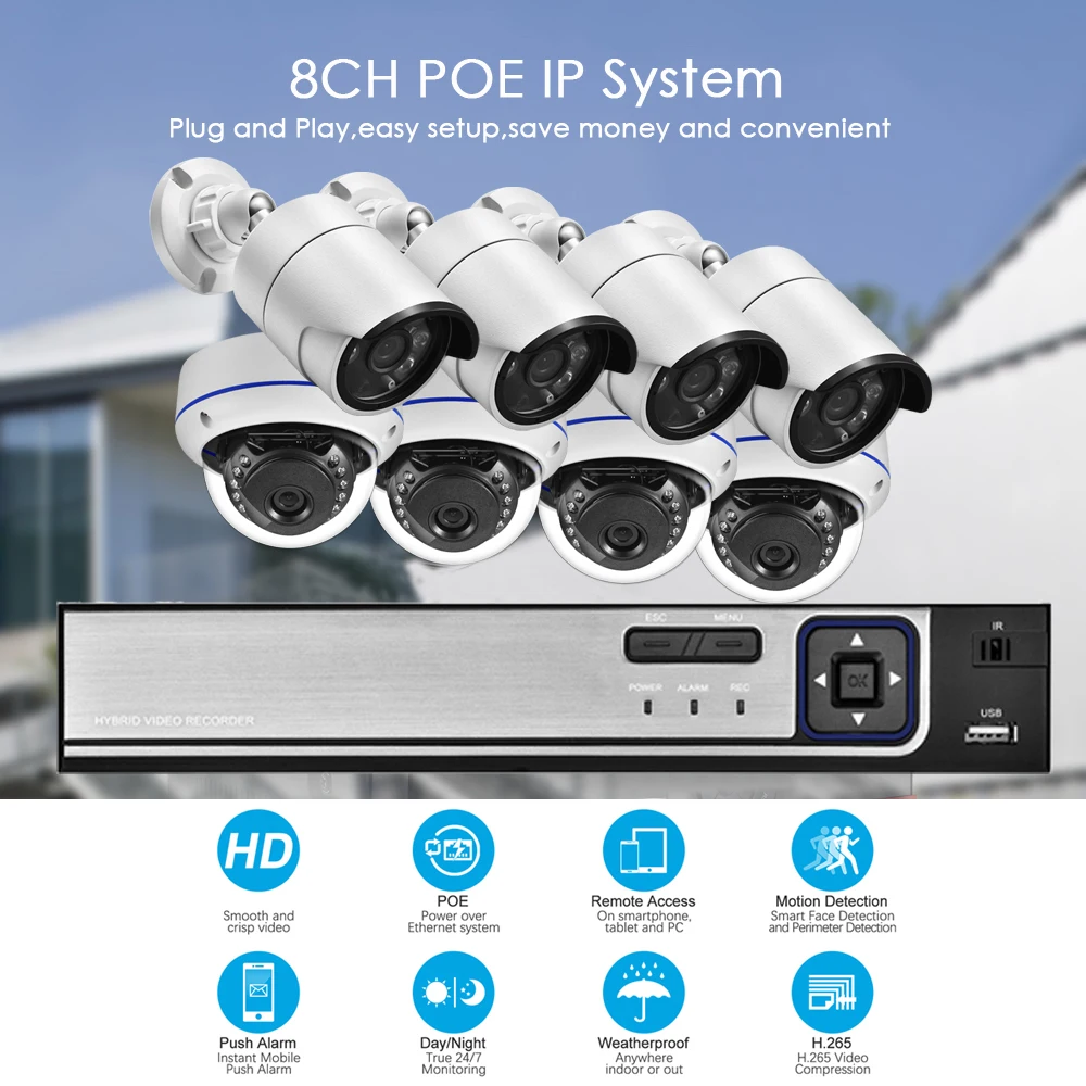 

8-канальная камера безопасности NVR, уличная водонепроницаемая система мониторинга лица, наружная запись, 3,6 мм, комплект видеонаблюдения