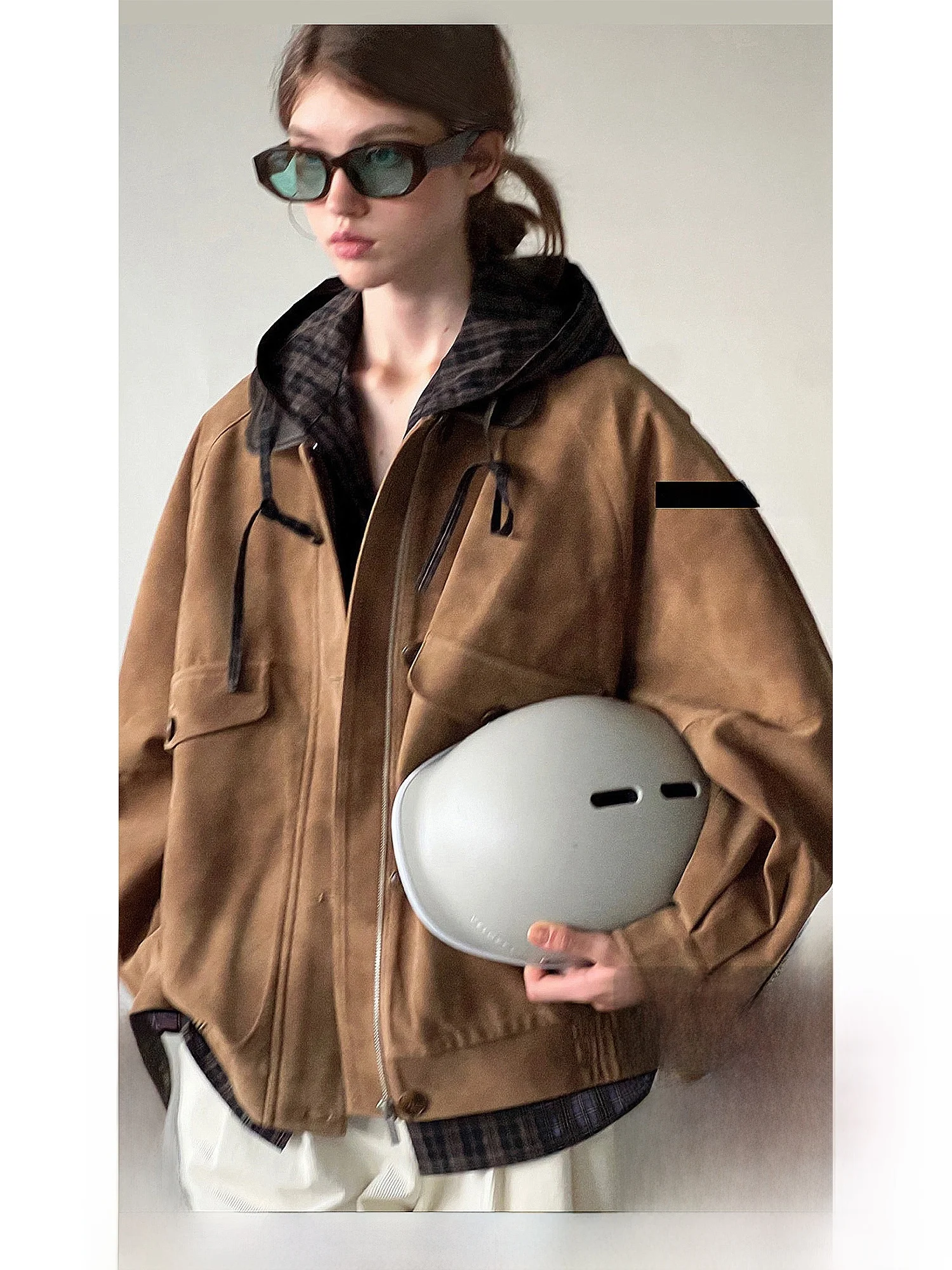 

Утепленная винтажная замшевая кожаная куртка женская с воротником-стойкой, на молнии, в стиле колор-блок, короткое пальто Le Brand Commute Sle