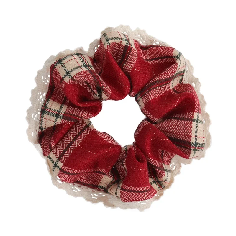 Retro Red Lace Plaid Large Hair Scrunchies Headbands for Womens Girsl Hair Rope Rubber Band Fashion New Year Christmas Headdress