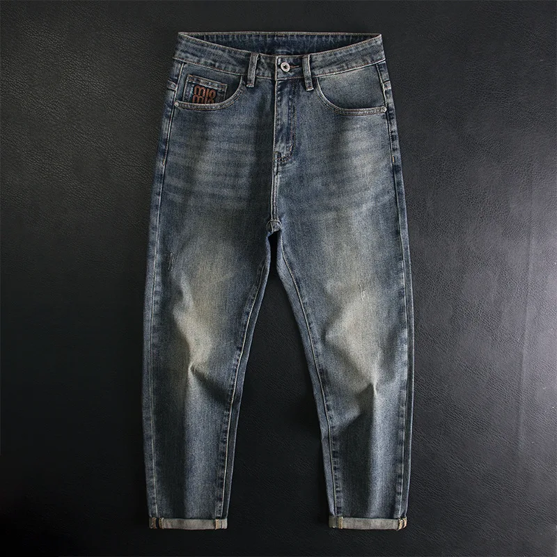 Trendy brand high-end jeans men's slim fit elastic American retro washed fashionable casual versatile trend long pants
