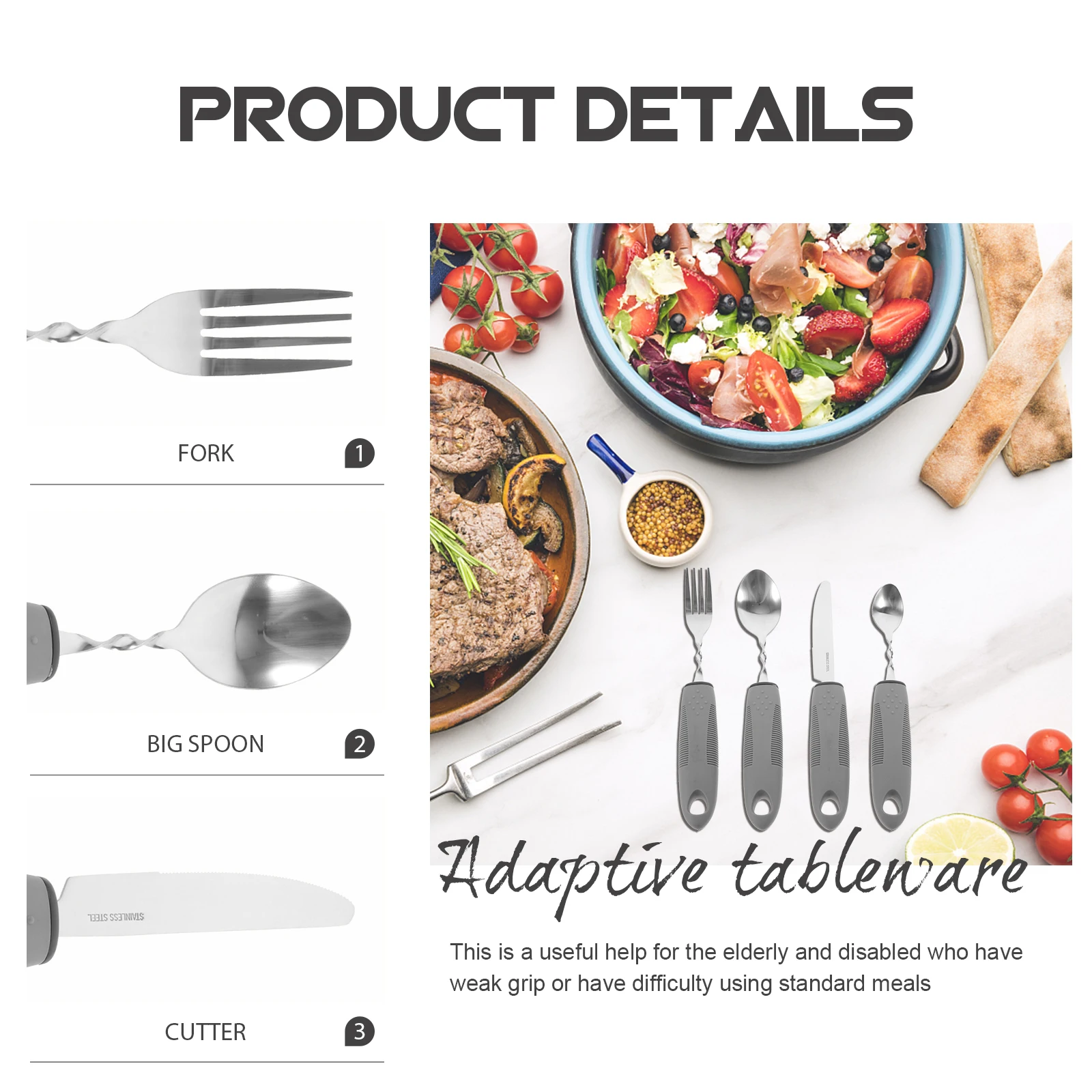 

Elderly Anti Shaking Stainless Steel Cutlery Set 4 Piece Adjustable Handles Easy Grip Non Slip Portable Adaptive for Elderly