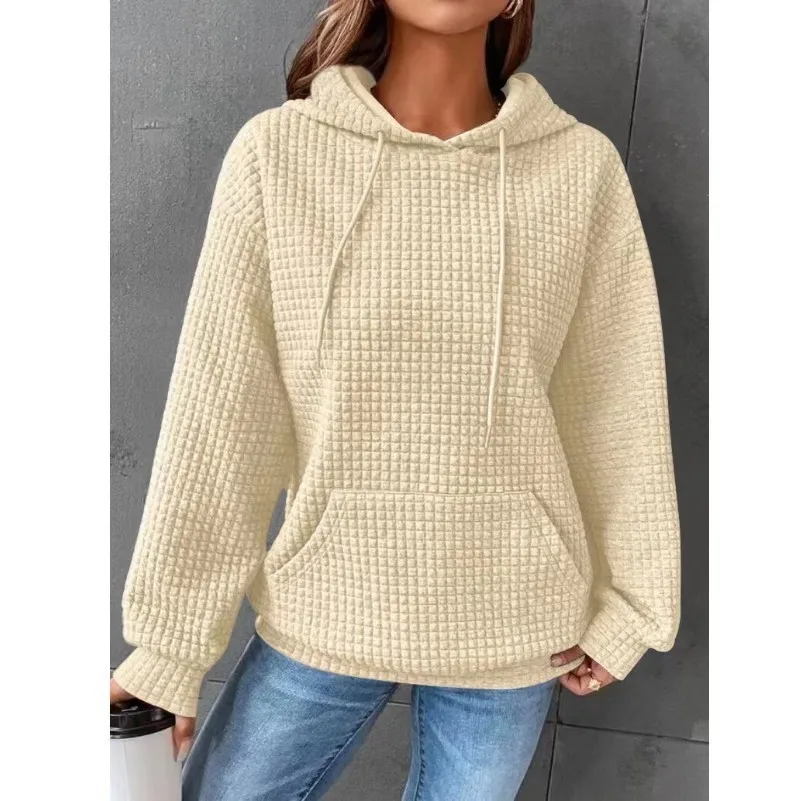 Women's Thick Waffle Knit Crew Neck Sweatshirt with Pocket – Solid Color Hip Length Winter Hoodie for Women's Winter Clothing
