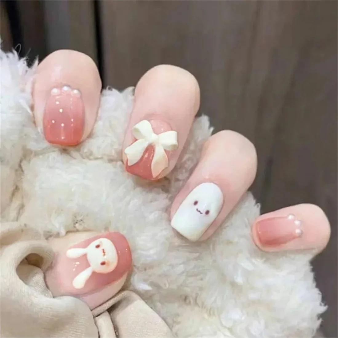 

24P Artificial Acrylic Nail Art Fake Nails Full Coverage Removable Press On Nails Design Bow Bunny Pink Gradient False Nail Tips