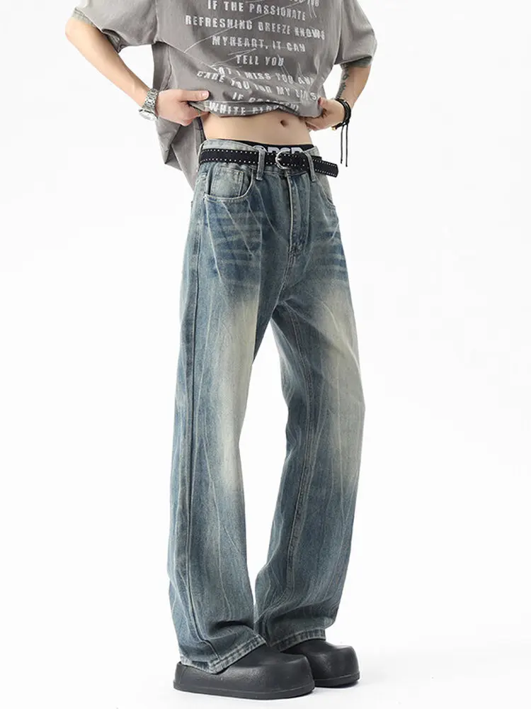 

Summer Men's Loose Straight Leg Jeans Lightning Pattern Washed Vintage Denim Pants Breathable Comfortable Wide Leg Trousers