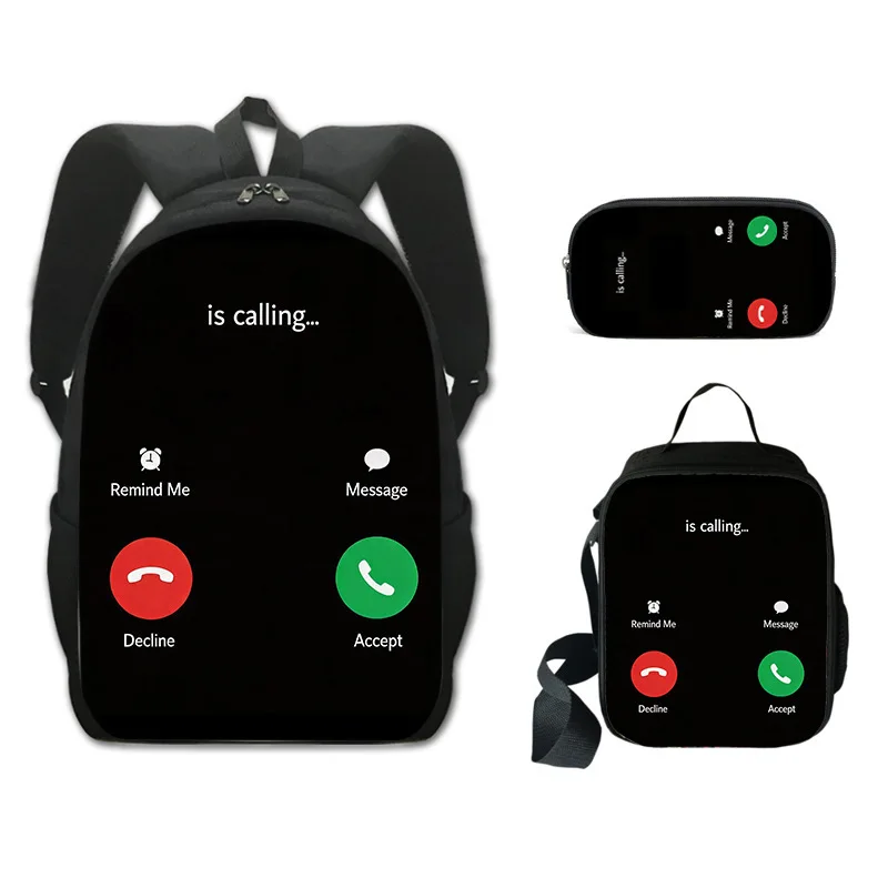 Youthful Calculator Phone button screen 3D Print 3pcs/Set Student Travel bags Laptop Daypack Backpack Lunch Bag Pencil Case