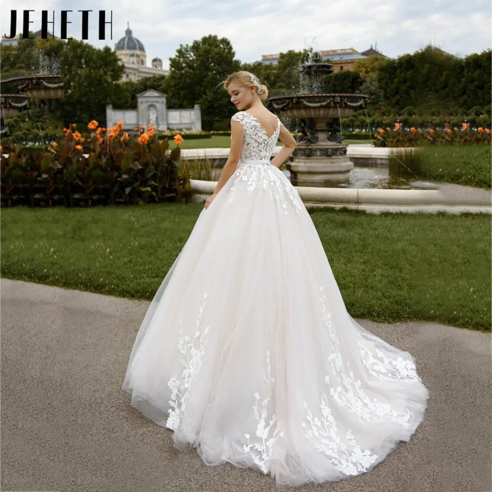 JEHETH Scoop Neck Appliques Wedding Dresses Short Cap Sleeves Backless Bridal Gowns Back Buttons A-Line Tulle vestido noiva 2024