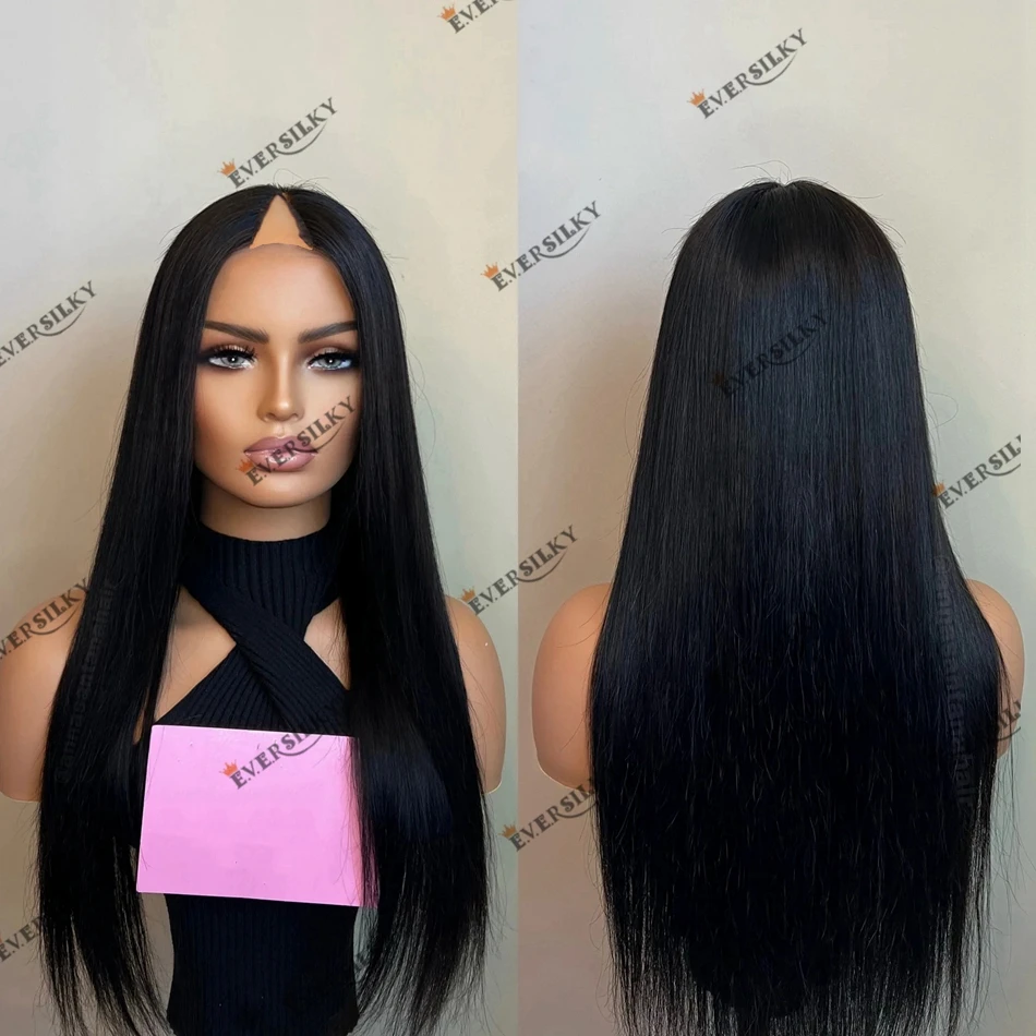 Cheap Machine Made Silky Straight Remy Brazilian Human Hair 1x4 Opening V Part Wig for Black Women Hair Jet Black Wig 200Density