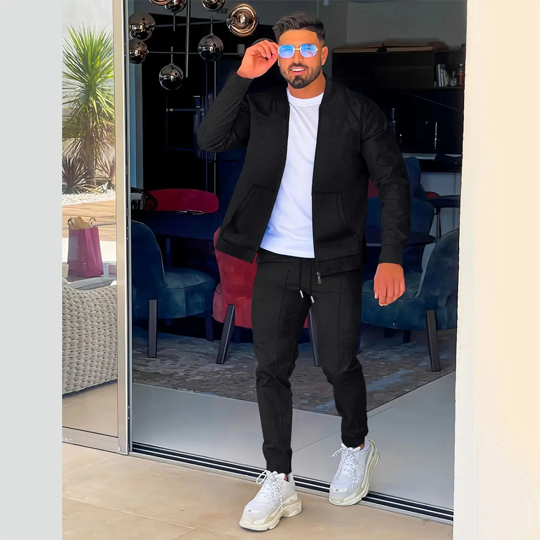 

Мужские бейсбольные пальто, комплект брюк, куртки на молнии с длинными рукавами, однотонные длинные брюки на шнуровке с эластичной резинкой на талии, комплекты из двух предметов, осень-зима, новинка