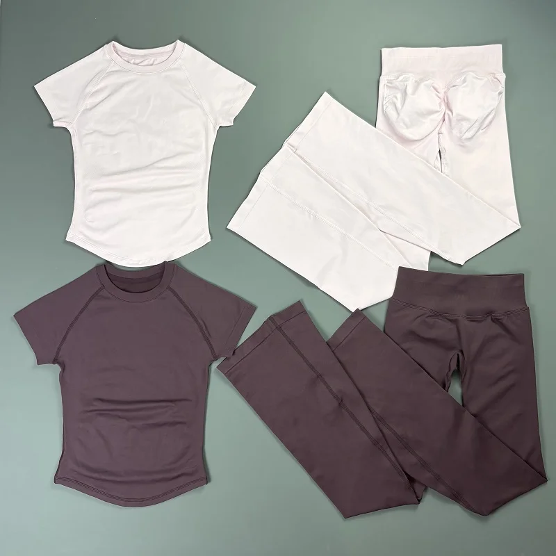 Women Seamless Yoga 2 Piece Set Short Sleeve Top Flared Leggings Suit High Stretch Soft Breathable Gym Pilates Training Outfit