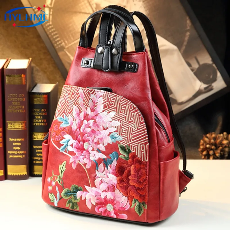 Ethnic Style Fashion Genuine Leather Women Backpack Shoulder Hand School Bag Embroidery Original Design Travel Backpacks