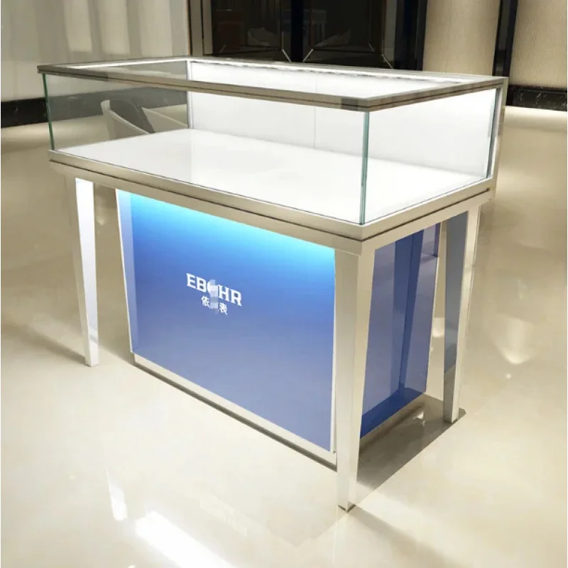 custom.Luxury LED Light Aluminum Glass Display Cabinet Mobile Phone Jewellery Watch Showcase Counter Display