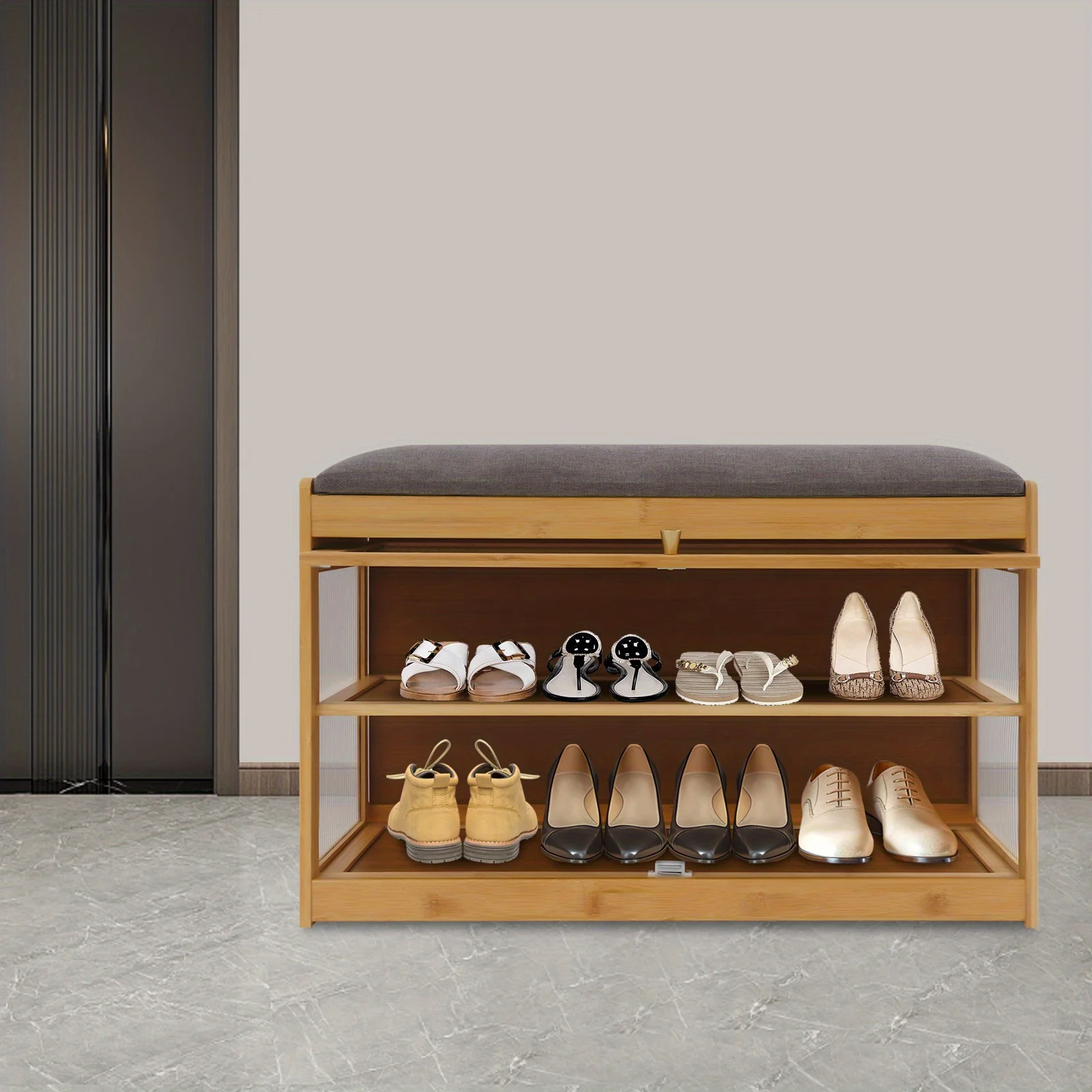 

2-Tier Closed Shoe Rack, Bamboo Shoe Rack for Entryways, Shoe Bench with Seat, Storage Bench, Hallways, Up to 70 kg (Log)