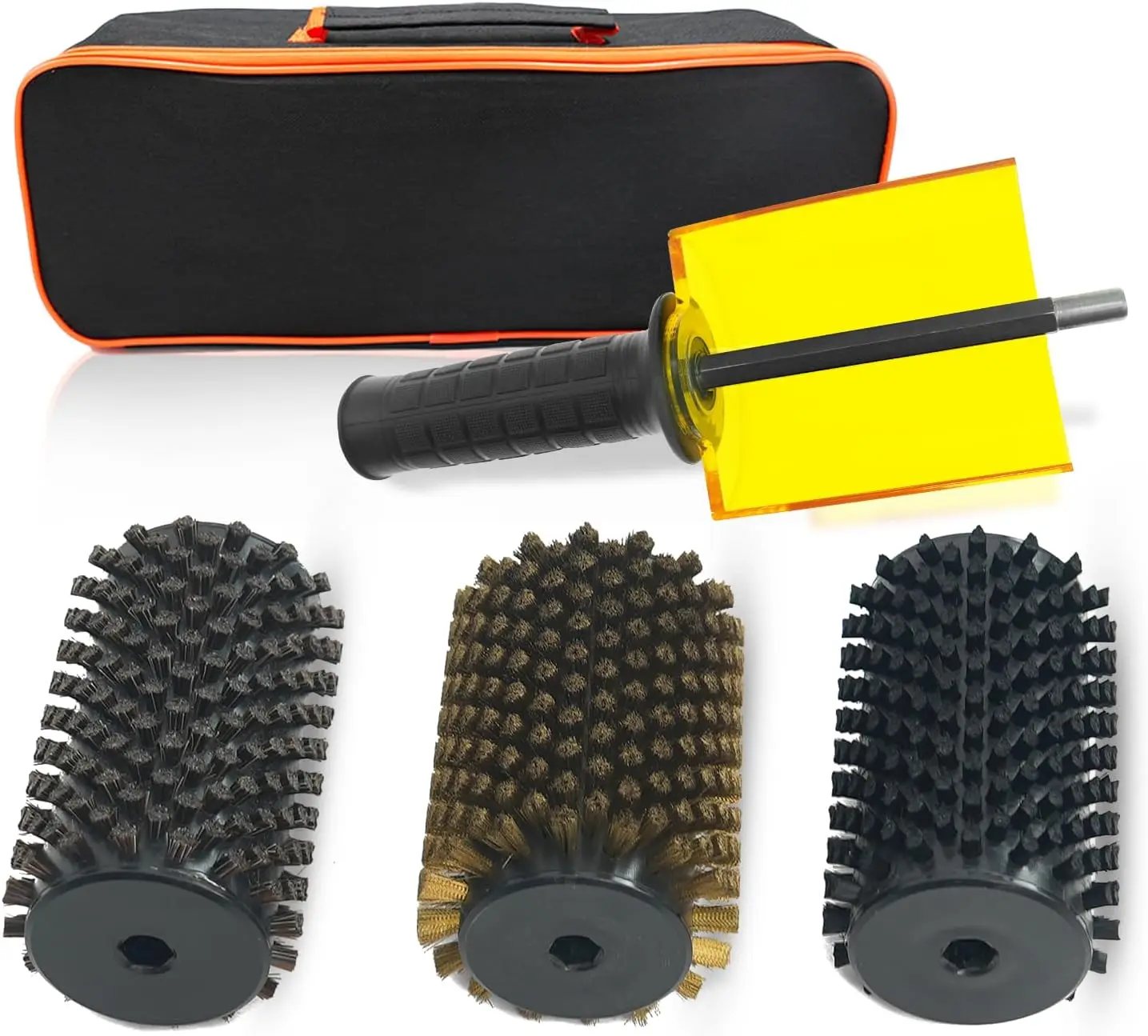 100mm Ski Roto Brush Kit Roto Brush Handle Axle with All 3 Brushes (Brass, Horse Hair and Nylon) with Protector Storage Bag, Handle Ski Rotation Brush Kit Using on Electric Drill