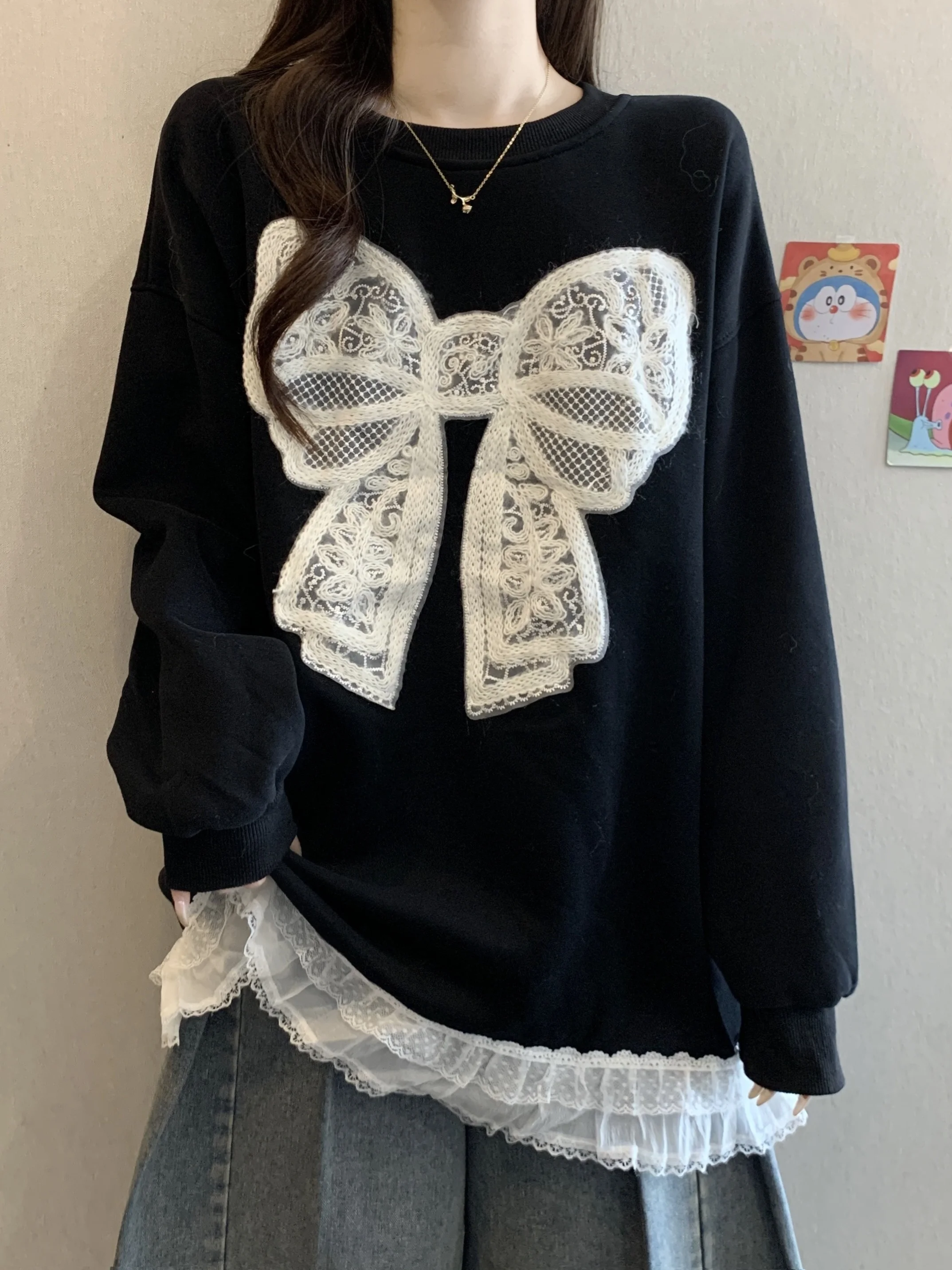 Lace Splice  Knot Long Sleeve Sweatshirt Women's Spring Autumn plus Size Slimming Stylish Mid-Length Butt Covering Top