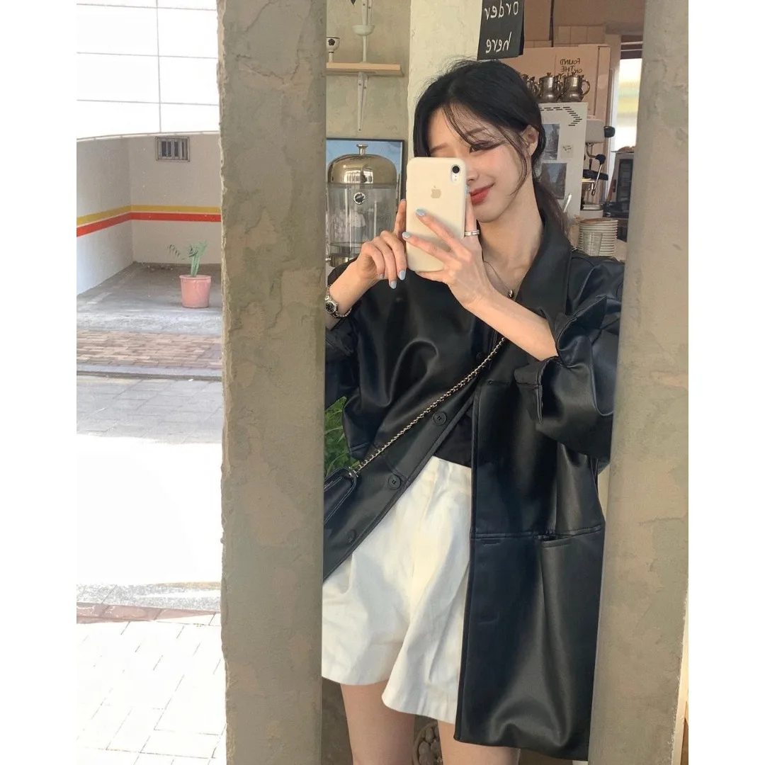 

Casual Sle Loose Motorcycle Leather Jaet Retro Versatile Korean Faion Women's Outerwear for Young Adults Winter Season