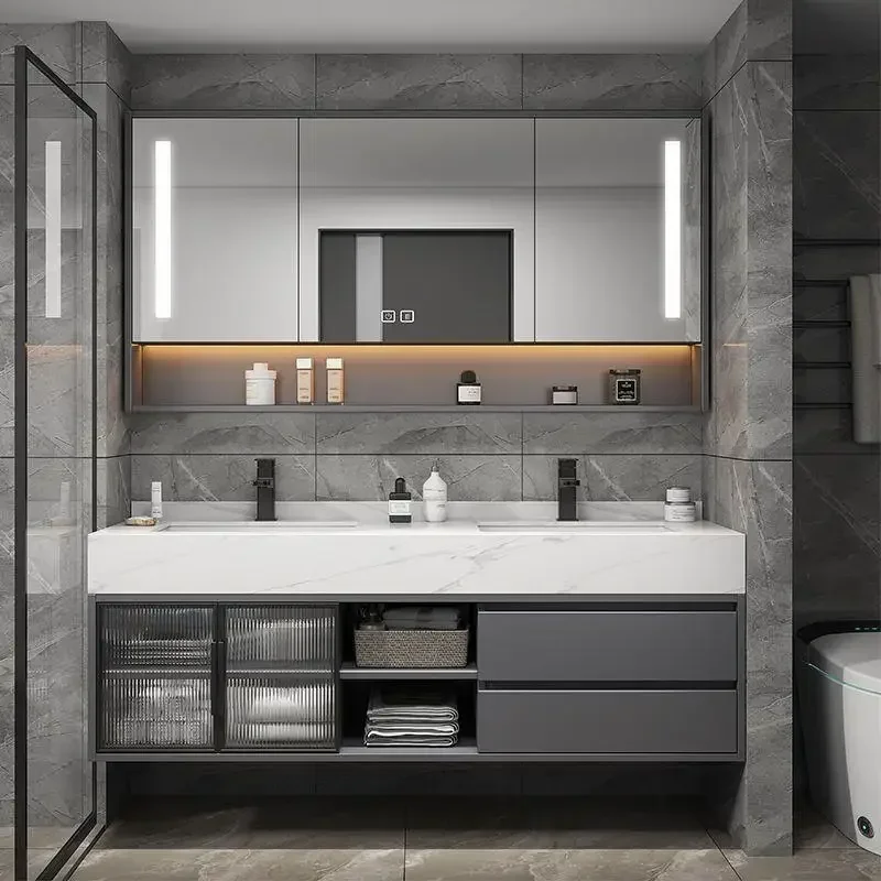 

Luxury Bathroom Mirror Cabinet Double Basin Slate Integrated Ceramic Washbasin Bathroom Vanity Sink Cabinet Bathroom Furniture