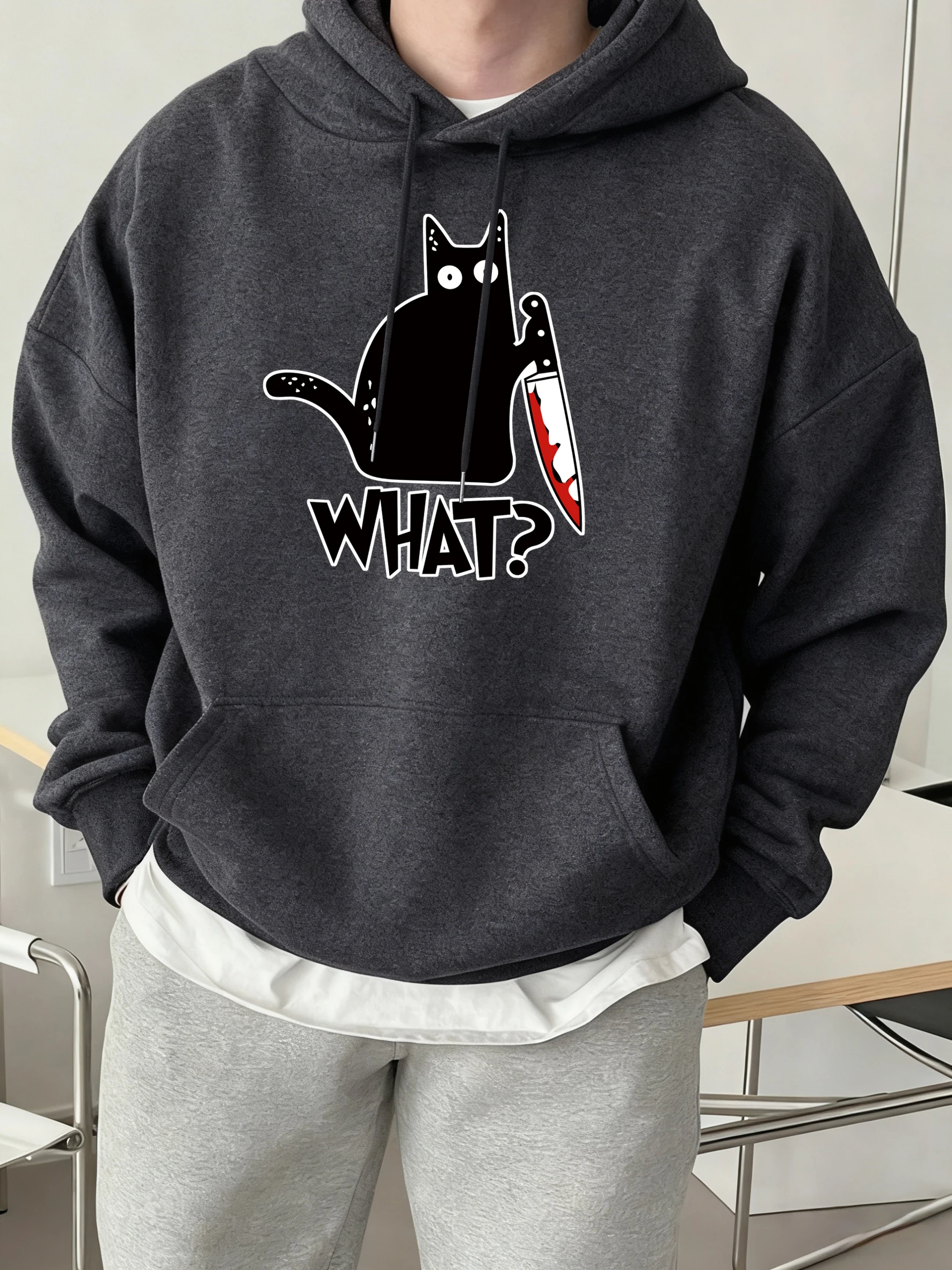 Kleine Schwarze Katze Mit EINEM Messer Drucke Männer Streetwear Oansatz Mode Lange Hülse Lose Retro Fleece Pullover Herbst Sportswear