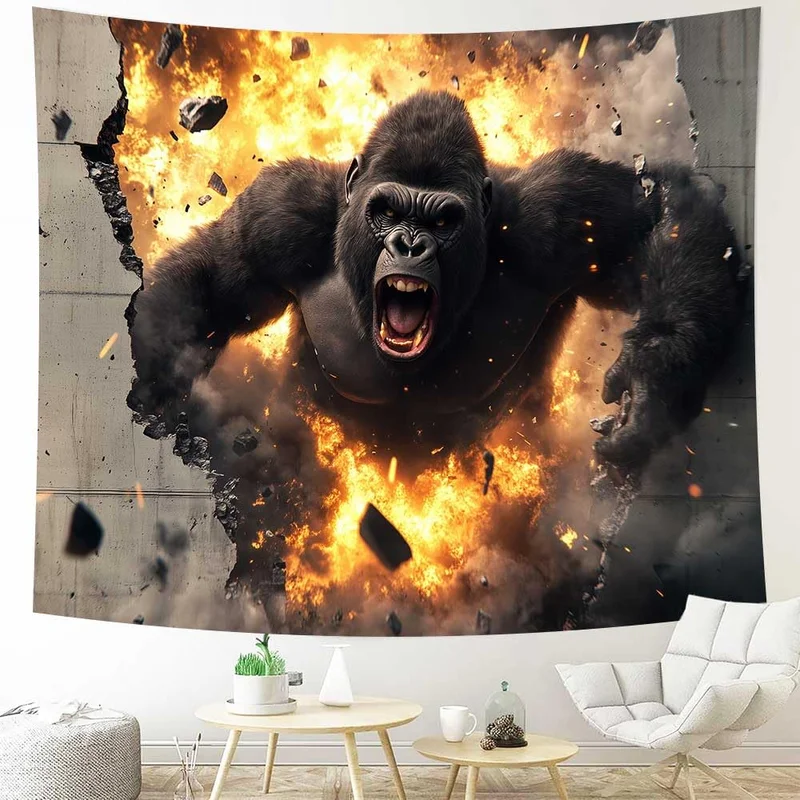 VIKAMA Gorilla Wall Tapestry 3D Black Gorilla Breaking Through Wall Explosion Fire Animal Wall Hanging Wall Art Bedroom Decor