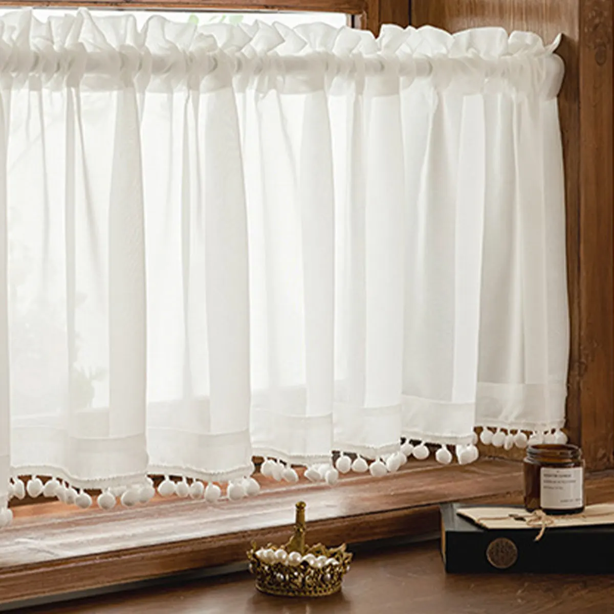 1PCS White Cotton Kitchen Valance, Minimalist Cottage Style Sheer Short Curtain with Pom-Pom Trim