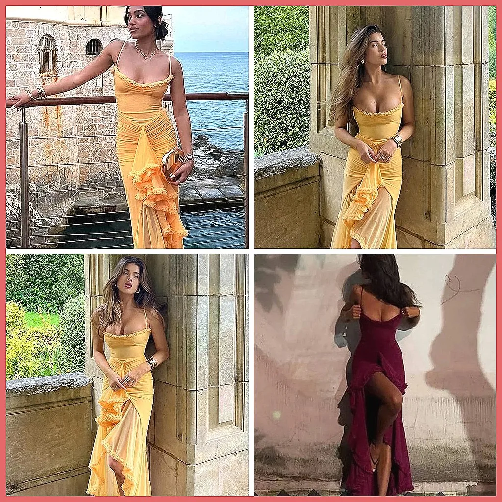 

Elegant Off-Shoulder Sling Dress for Women, Backless High-Waisted Ruffle Midi Dress for Vacation Party