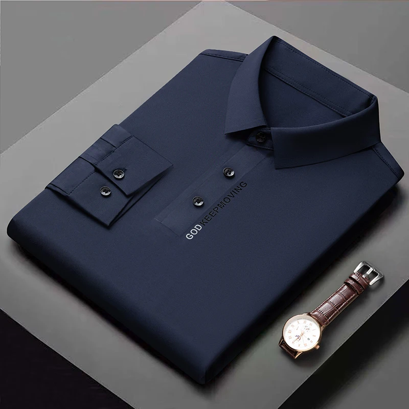 Luxury Quality Men\'s Polo Shirt 2023 Autumn New Lapel Top Print Traceless Long Sleeve British Fashion Trend T-shirt Men Clothing