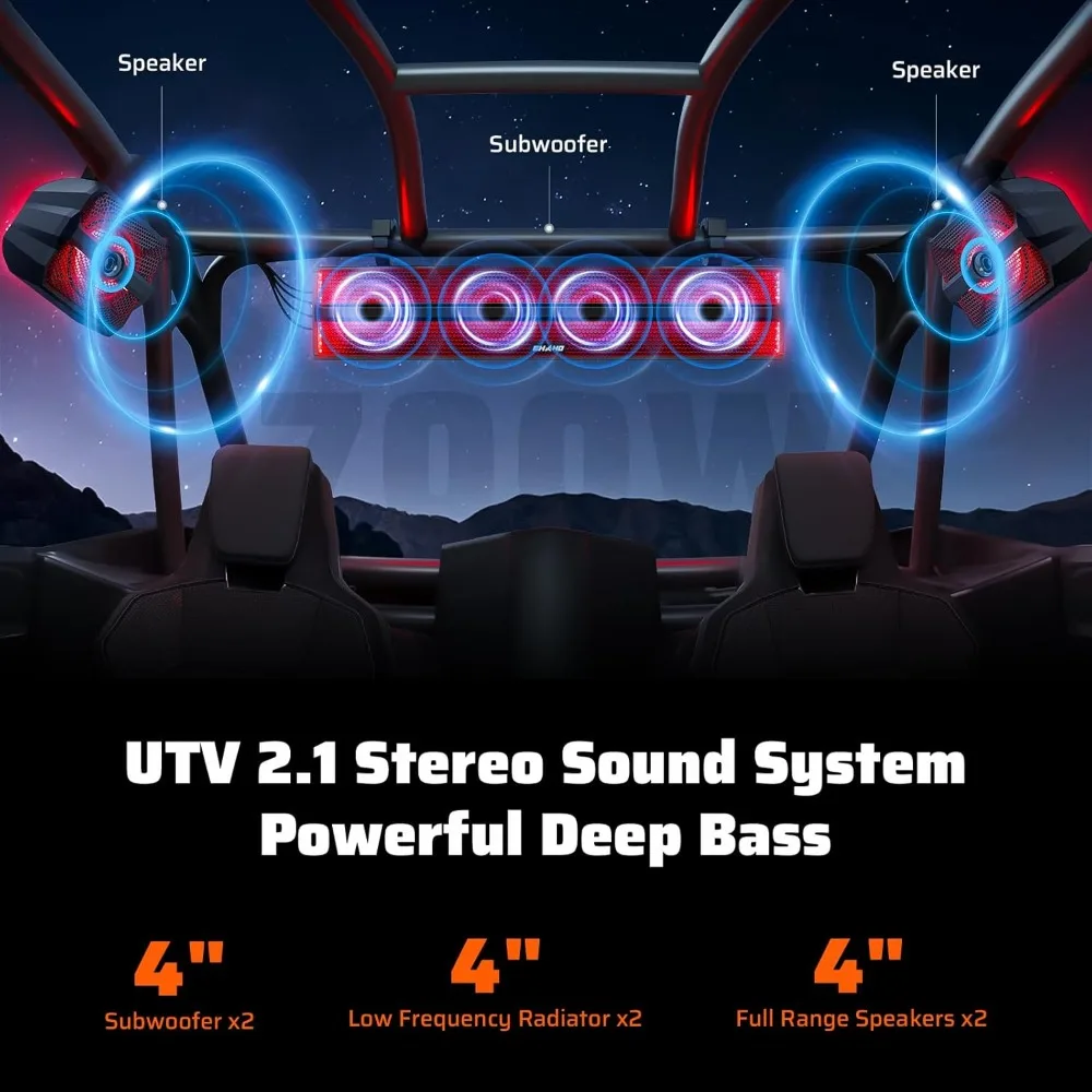 شريط صوت ستيريو UTV 2.1CH (مضخم صوت) ومكبرات صوت، 26 بوصة بلوتوث ATV مكبرات صوت مع أضواء RGB