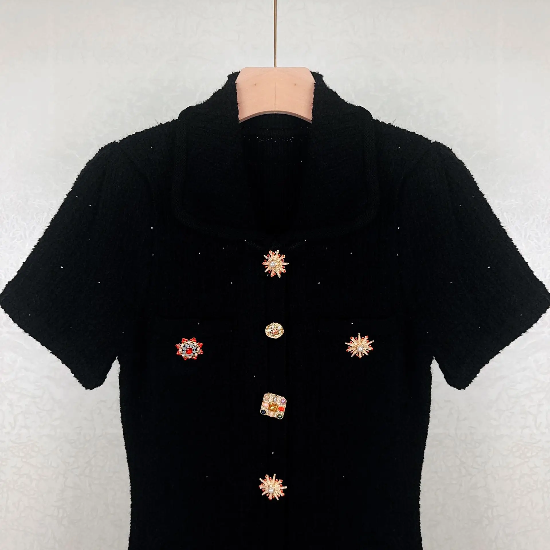 Women Black Tweed Dress Buttons Decoration Short Sleeve Turn-down Collar Elegant Autumn 2024 Mini Robe