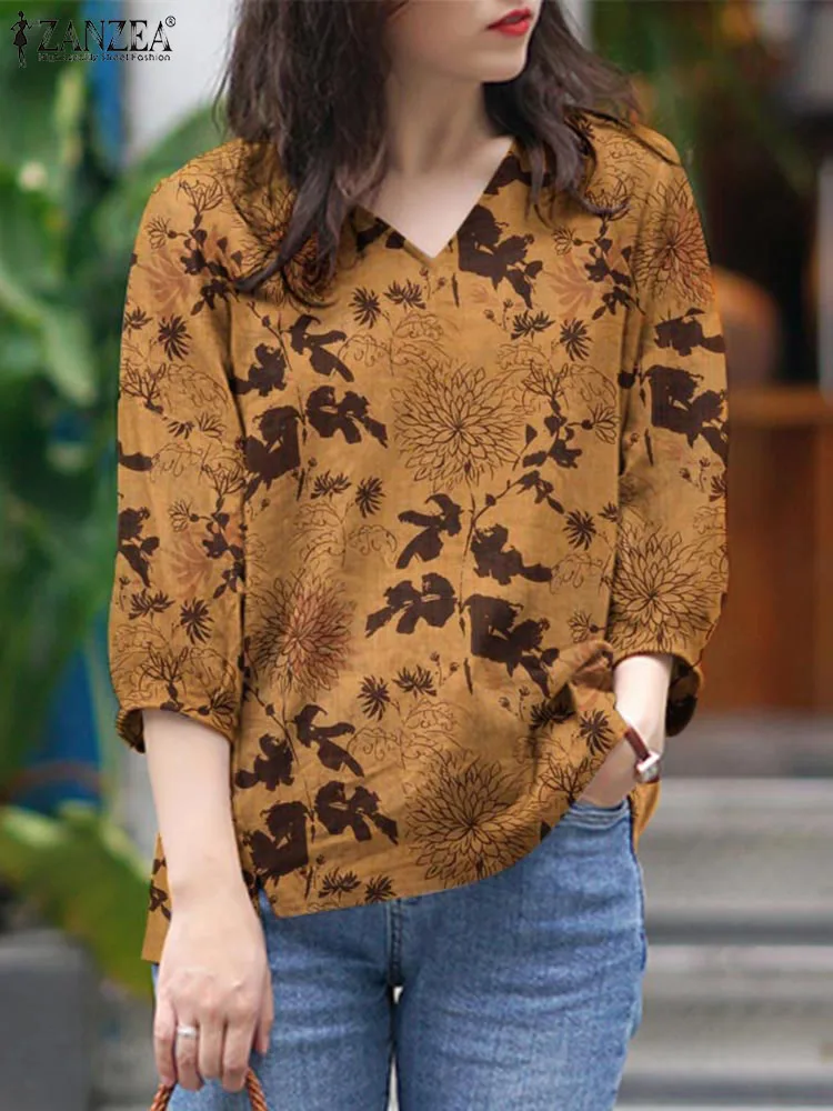 

Summer Vintage Floral Blouse Women 3/4 Sleeve V Neck Printed Tops Tunic ZANZEA 2023 Casual Holiday Shirt Female Loose Blusas