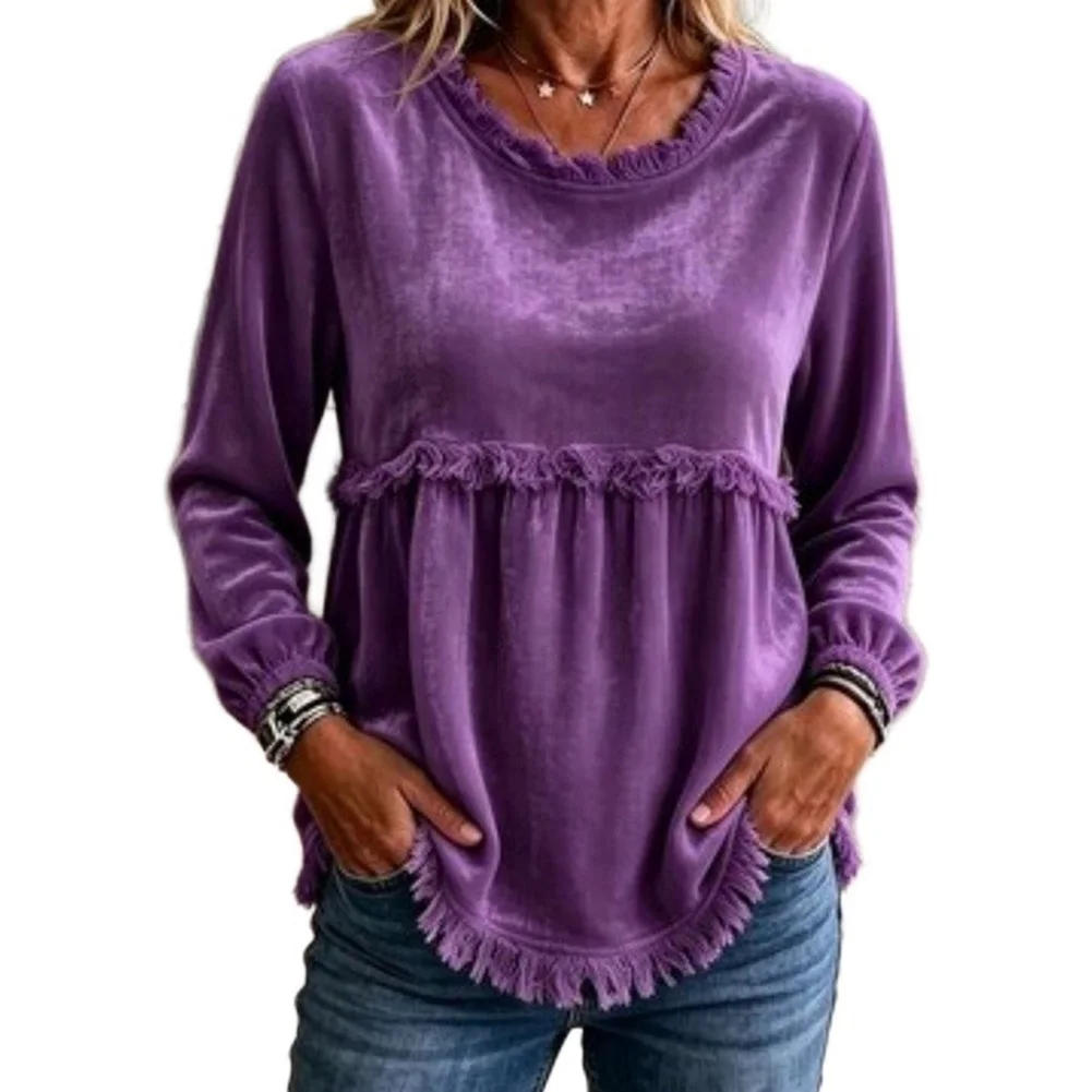 Women 1Slim Round Collar T-Shirt Solid Long Sleeve For Velvet Pullover Tops Blouse Casual Fashion Loose Lace Splicing Coat ﻿