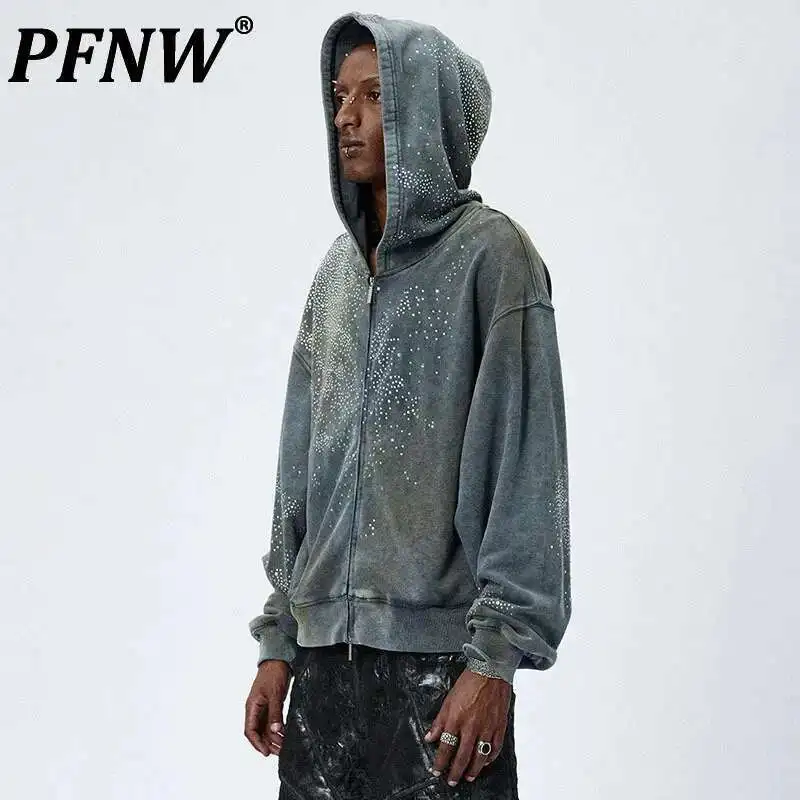 PFNW, sudaderas con capucha y cremallera con diamantes de imitación para hombre, abrigos desgastados lavados con estilo americano para hombre, primavera 2025, nuevo 28W1464
