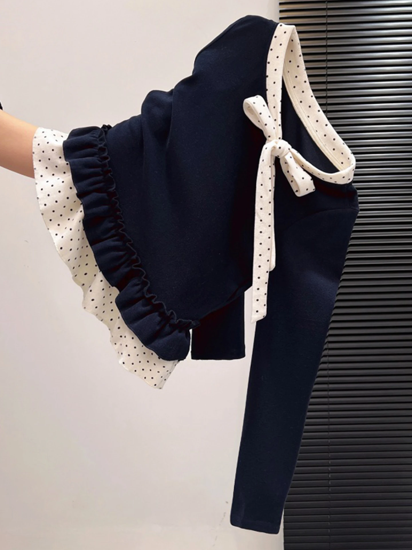 

Sweet Polka Dot Knot Fake Two-Piece Long Sve Knitted Top for Women Autumn Winter Youthful Base Layer irt